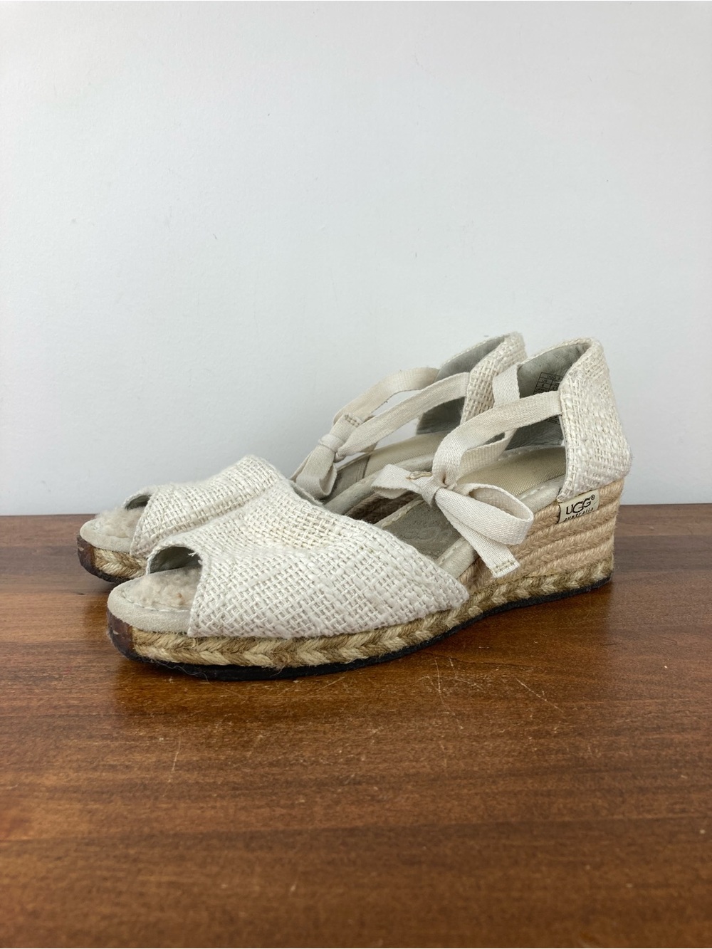 UGG AUSTRALIA Mar Espadrille Ankle Tie Wedge Woven Sandals Cream 1652 Women’s 6.